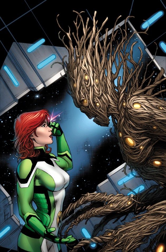 a woman in green and white standing next to a tree with glowing eyes on her face