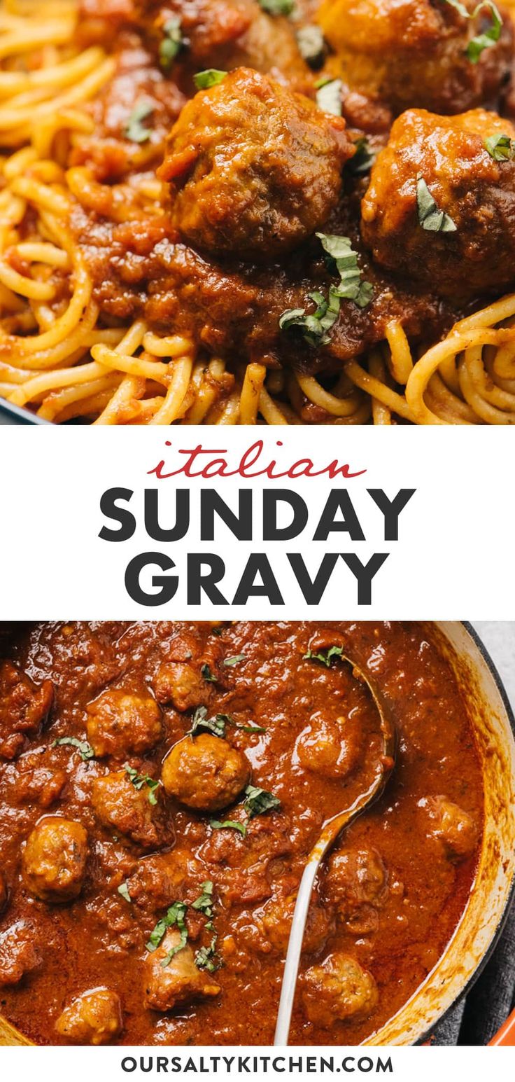 an image of italian sunday gravy with spaghetti and meatballs