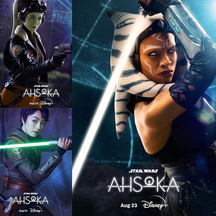 the poster for star wars ahsoka is shown in three different poses, including a woman holding a light saber