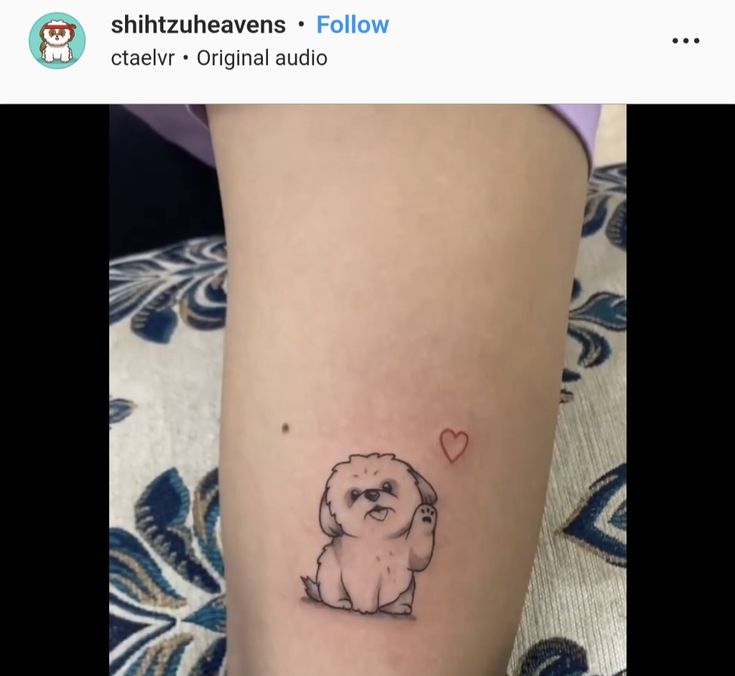 a small dog with a heart tattoo on its leg