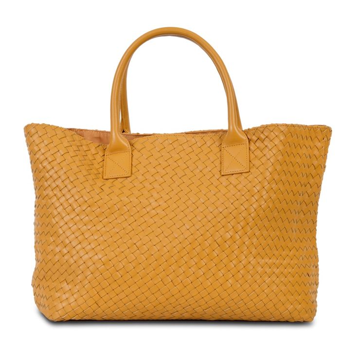 The Destarina Tote Bag Is Made With An Interwoven Pattern Of Smooth Fine-Grain Sheep Leather. This Lighter Weight Leather Allows This Handbag To Provide Comfort For All Day Use. This Is A Great Bag For Travel, A Day At The Beach, Or For The Daily Duties Of A Mom. The Sheep Leather Is A Canary Tone With A Beige Interior Lining. Also Comes With A Small Zippered Wristlet Made Out Of The Same Sheep Leather. Details: 100% Fine-Grain Sheep Leather 18”L X 7”W X 12”H Delicate Interwoven Pattern Matching Shopping Bags With Braided Top Handles, Shopping Bag With Braided Top Handles, Shopping Bag With Top Handle And Braided Handles, Woven Leather Shopping Bag With Double Handle, Handheld Woven Leather Shoulder Bag For Daily Use, Double Handle Woven Leather Shopping Bag, Woven Leather Shoulder Bag For Shopping, Gold Woven Leather Bag For Everyday Use, Handheld Woven Leather Bags For Errands