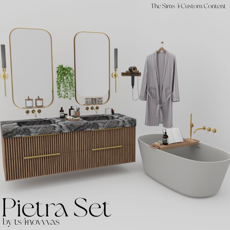 a bathtub, sink and mirror in a bathroom with the words petera set on it