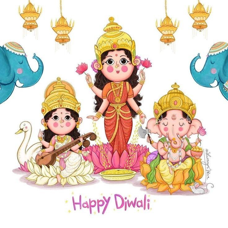 happy diwali greeting card with three little kids and an elephant in the background