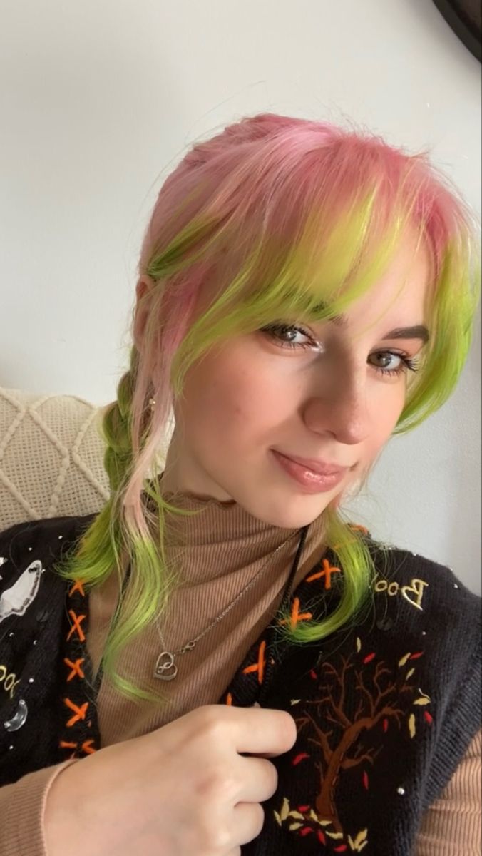 Fairy Colored Hair, Green And Pink Hair Aesthetic, Split Dyed Hair Pink And Green, Pink Hair With Green Highlights, Strawberry Hair Dye, Mint Green And Pink Hair, Green And Pink Dyed Hair, Pink Hair With Green Tips, Pink And Lime Green Hair