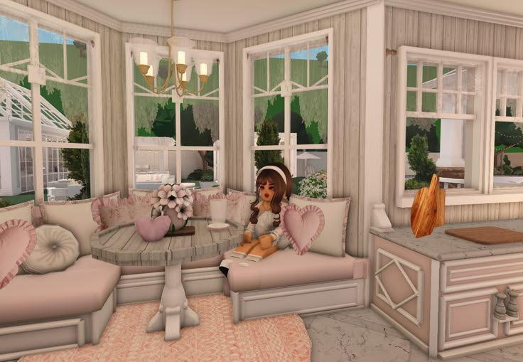 Coqquete Bloxburg House, Coquette Bloxburg House Kitchen, Bloxburg Bay Window Ideas, Bloxburg Crib Ideas, Bloxburg Bay Window, Coquette Kitchen Bloxburg, Bloxburg Entry Way, Porch Bloxburg, Frenchrxses Bloxburg