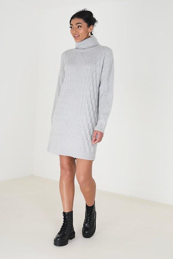 For effortless style, this cable knit jumper dress from Brave Soul is a cosy essential. With its chic roll neck and ribbed cuffs and hem, it's designed to make a statement. Crafted from a soft hand-feel knit, this jumper combines comfort and style. Model wears UK size S. Cable Knit Jumper Dress, Knit Jumper Dress, Knitted Jumper Dress, Cable Knit Jumper, Grey Tie, Brave Soul, Cable Knit Cardigan, Knit Midi, Knit Midi Dress