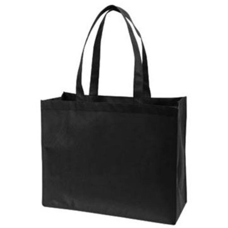 This tote bag comes in solid colors of black, red, royal, and natural. It has a large imprint size of 8"h x 12"w on either front or back of the tote. The Non-Woven Tote Bag is made of 100gm non-woven polypropylene. Custom Non-Woven Tote Bag in Black | Totes | Non-Woven Totes Large Black Shoulder Bag As Gift, Versatile Black Tote Box Bag, Black Foldable Tote Bag, Black Eco-friendly Bags For Daily Use, Large Black Canvas Shopping Bag, Eco-friendly Black Bag For Daily Use, Black Canvas Shopping Gift Bag, Black Eco-friendly Bag For Daily Use, Eco-friendly Black Canvas Shoulder Bag