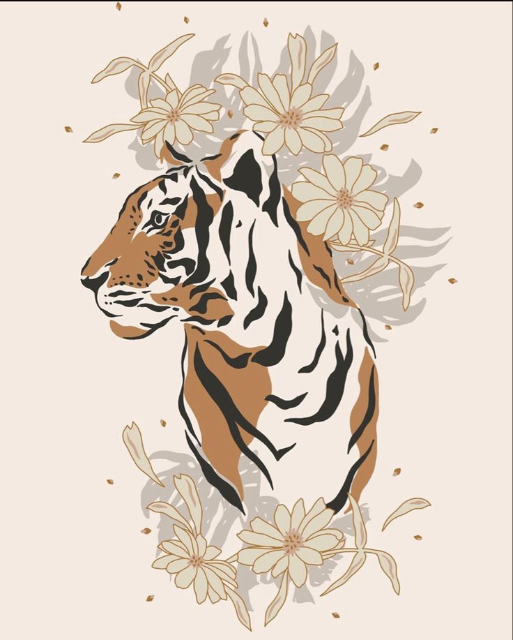 a tiger surrounded by flowers on a white and brown background with the word tigers written below it