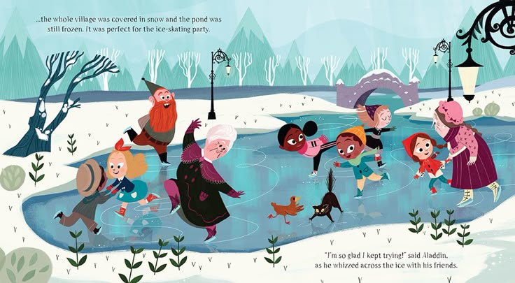 an illustration of people playing in the snow near a pond with ducks and other animals