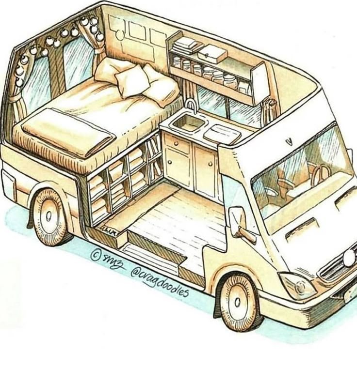 a drawing of an rv with the bed in it's back end open and its door open