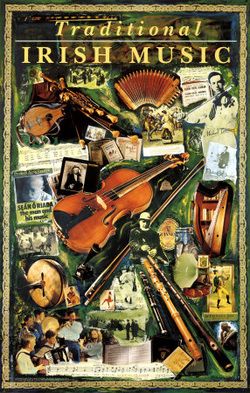 the cover of traditional irish music, featuring violin and other musical instruments with pictures on them