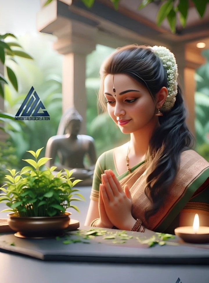 a woman sitting at a table with a potted plant in front of her and praying