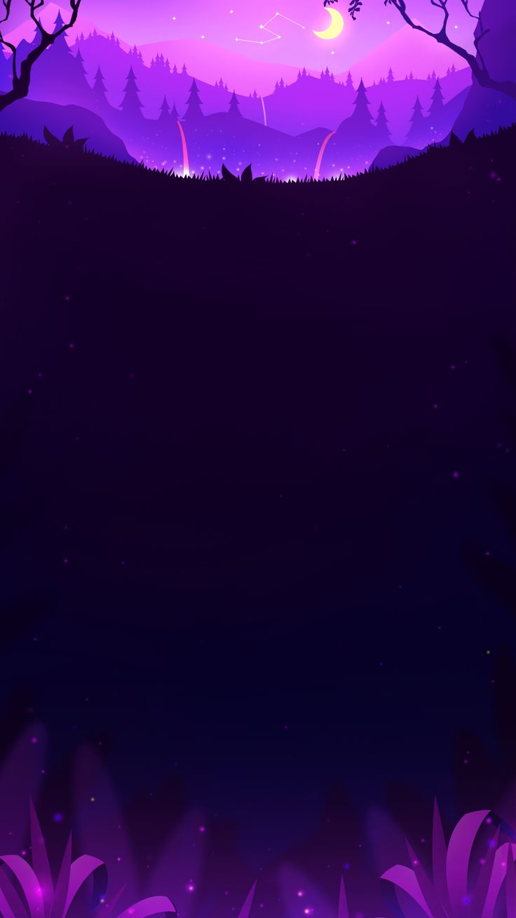 a purple landscape with trees and stars in the sky