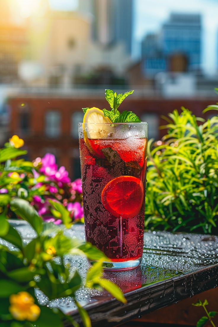 a tall glass filled with red liquid sitting on top of a table next to flowers