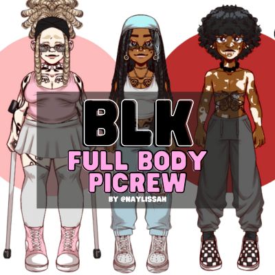 three cartoon characters with the words blk full body picrew