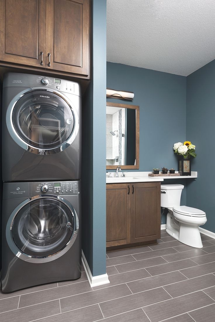 a washer and dryer in a bathroom with blue walls