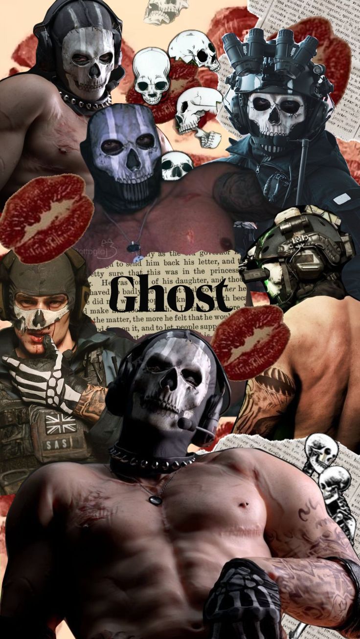 a collage of skulls and men with their faces painted in different colors, including the word ghost