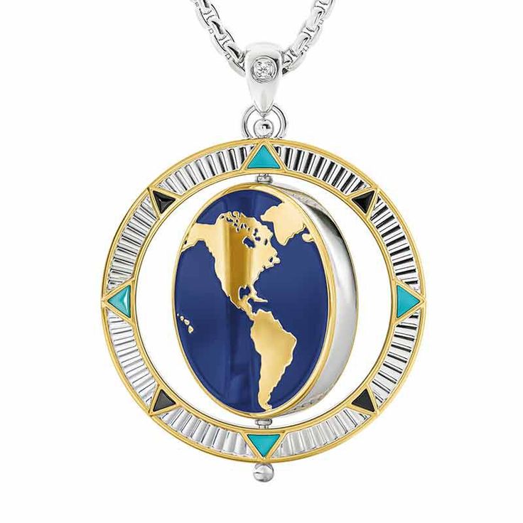 A striking keepsake he’ll love to wear every day...A handsome rhodium-plated spinner pendant set with a genuine diamond, 18kt gold-plated accents, and blue and black enameling.Features a striking globe design and compass-inspired arrowheads symbolizing your son’s bold expedition through life and all the incredible adventures that await him.Reverse is engraved with an endearing message – words that he’ll wear close to his heart, no matter where in the world he goes.Reversible, easy to wear, fun a Luxury Compass Design Jewelry As Gift, Blue Jewelry With Detachable Pendant, Blue Jewelry With Detachable Round Pendant, Blue Medallion Jewelry For Anniversary, Blue Medallion Jewelry With Polished Finish, Stainless Steel Round Pendant Jewelry With Polished Finish, Polished Stainless Steel Round Pendant Jewelry, White Gold Jewelry With Rotating Bezel As Gift, Blue Engraved Jewelry For Keepsake