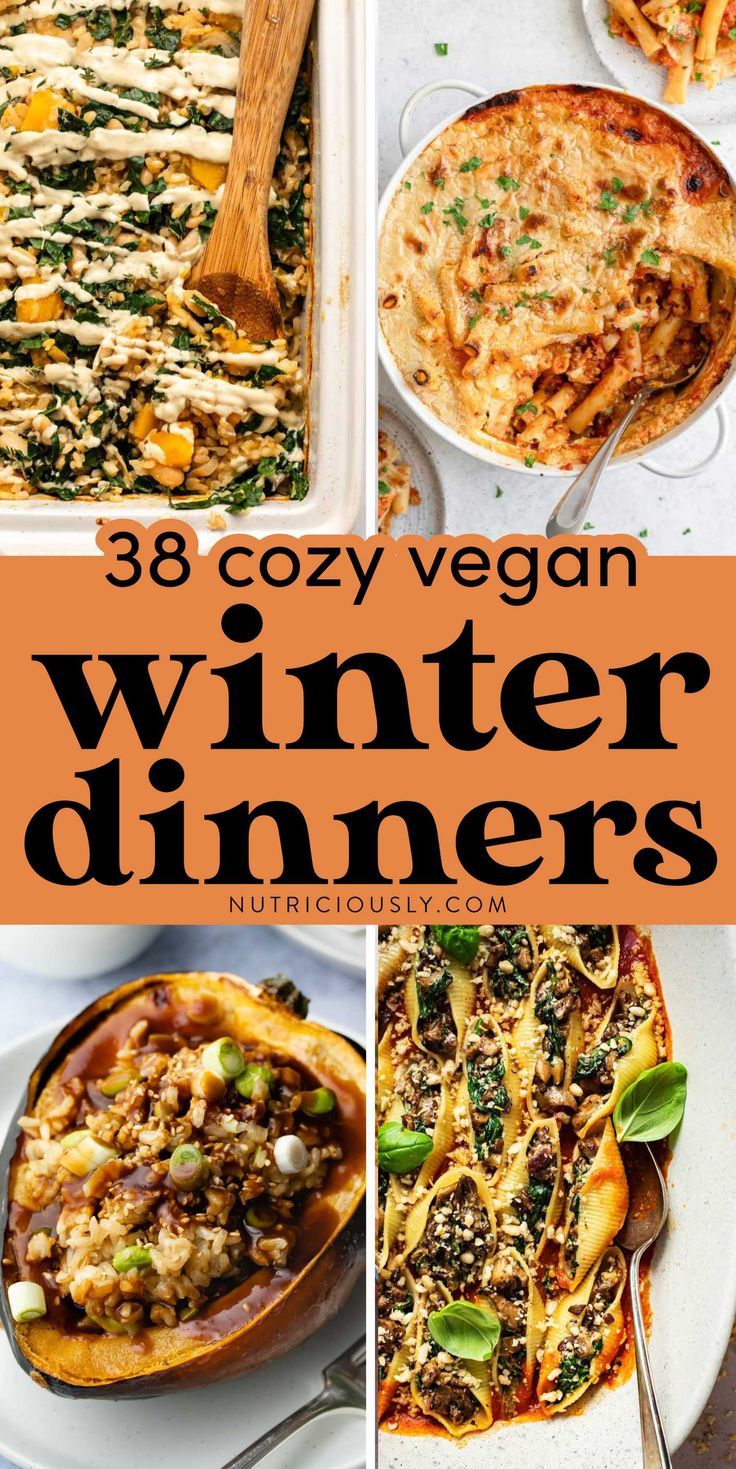 an image of winter dinner collages with text overlay that reads 38 cozy vegan winter dinners