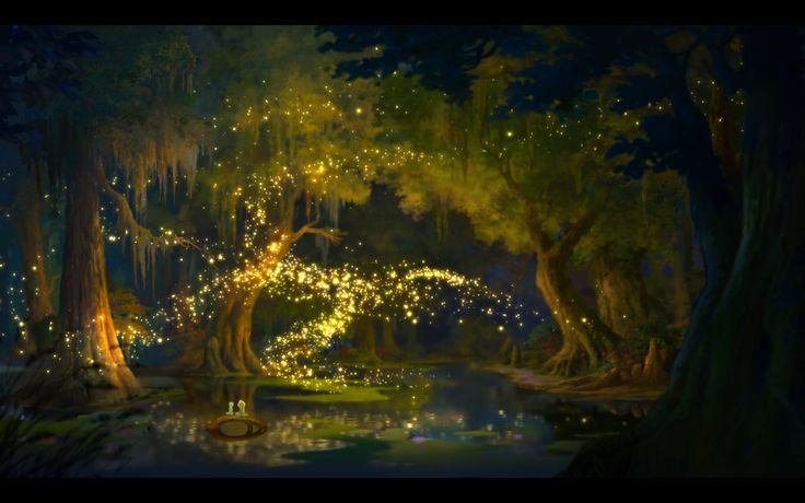 a painting of trees and lights in the night sky over a pond with water lilies