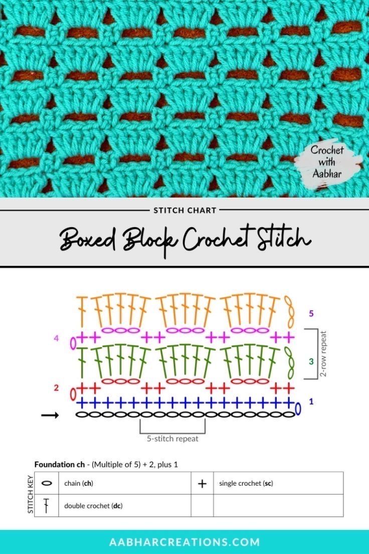 the crochet stitch pattern is shown in blue and orange, with an arrow on top