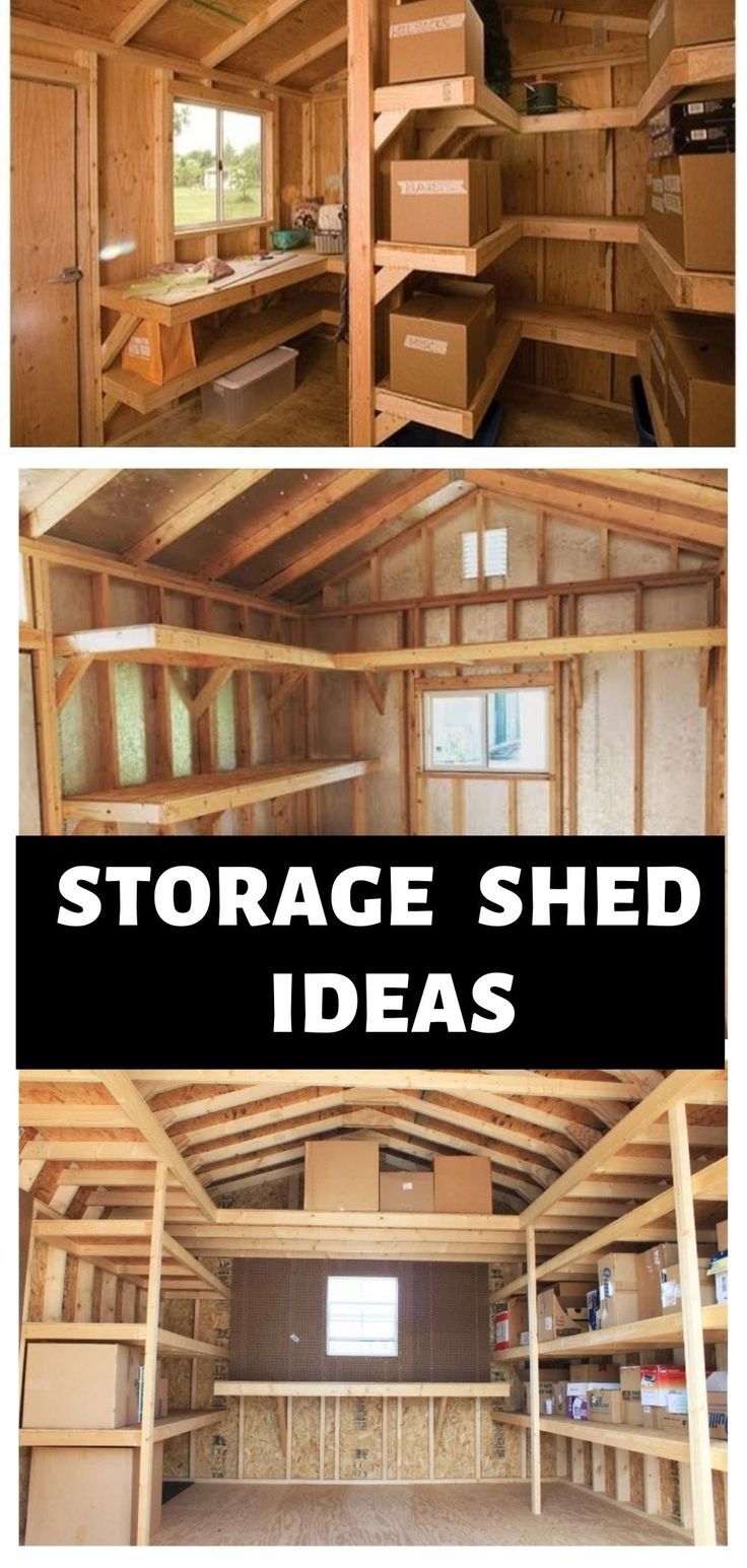 the inside of a storage shed with lots of shelves