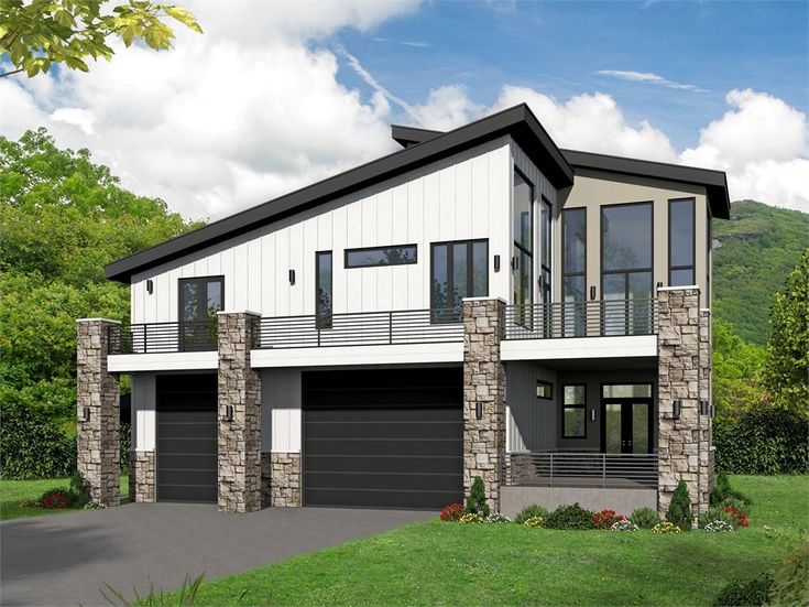 this is a computer rendering of a modern house in the woods with two garages