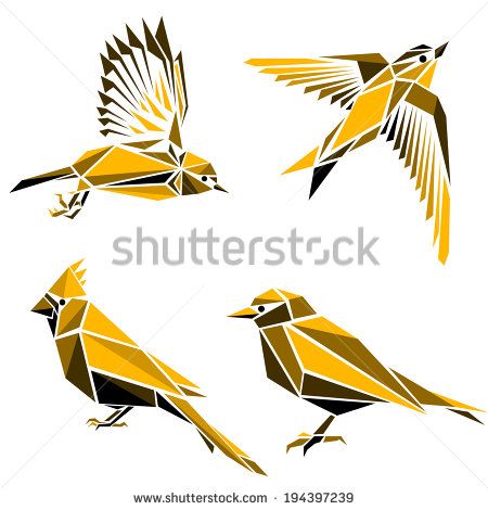 four different types of birds that are yellow and black, each with an origami effect