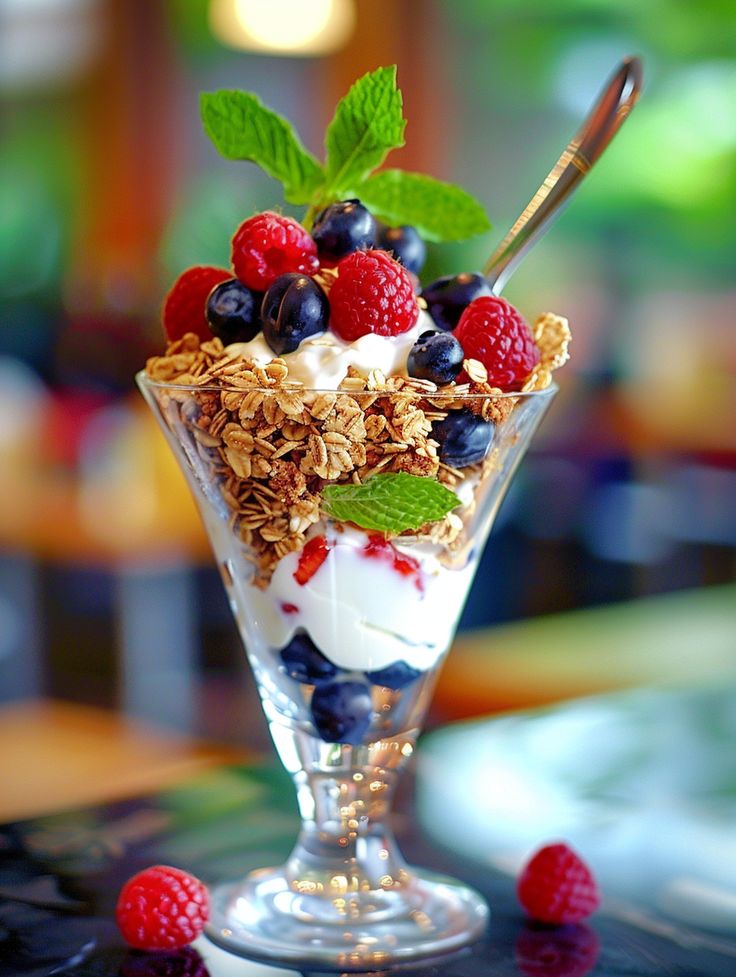 an ice cream sundae with berries and granola