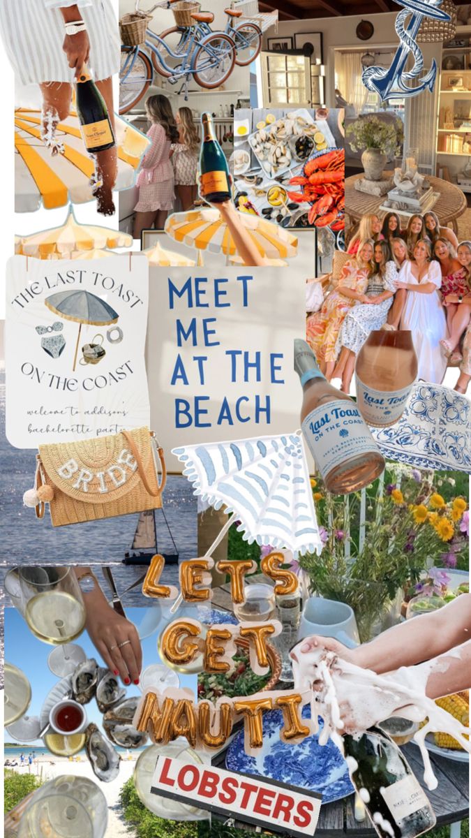 a collage of photos with people, food and signs in them that say meet me at the beach