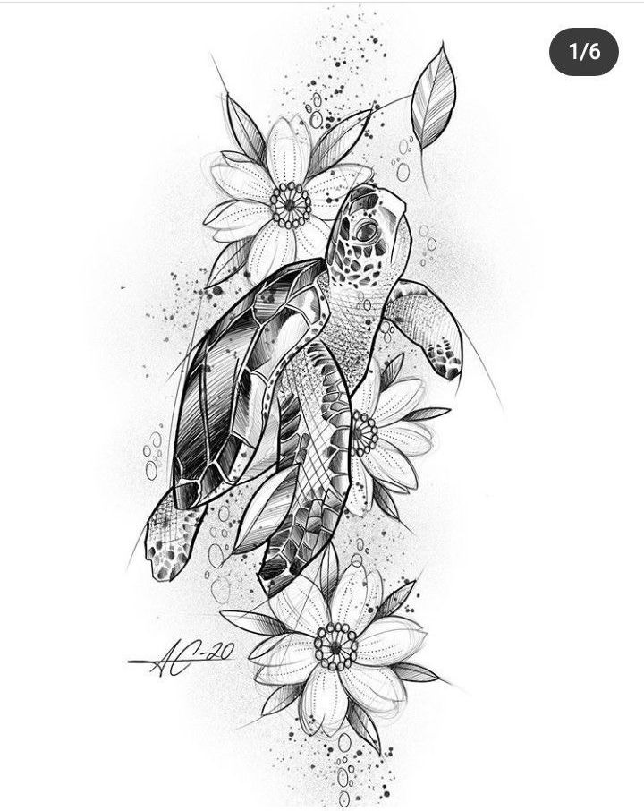 a drawing of a turtle and flowers