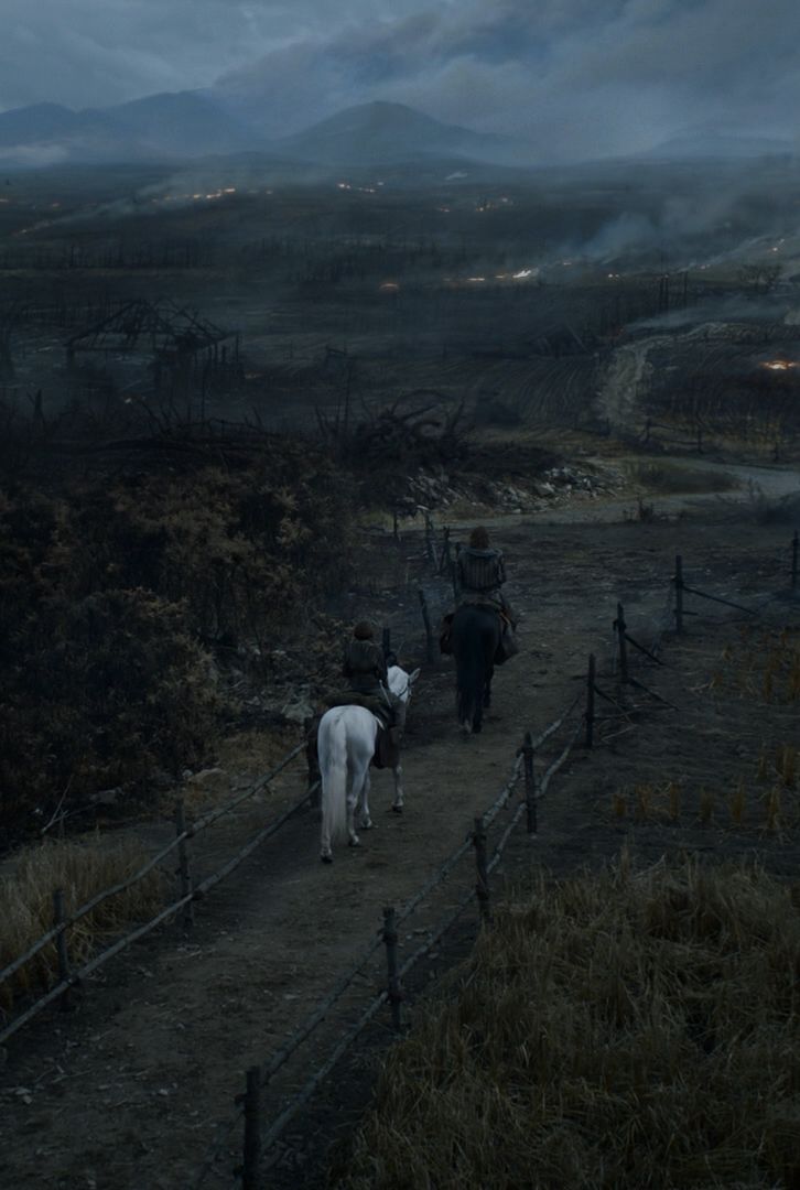 two people are walking down a path with horses in the dark, foggy countryside