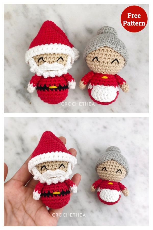 crocheted amigurt santa claus doll is shown in three different views, including the front and back