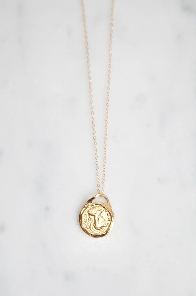 Roma Necklace | Earthen Good Luck Coin-shaped Amulet Jewelry, Good Luck Coin Amulet Jewelry, Good Luck Coin Shaped Amulet Jewelry, Yellow Gold Amulet Necklace With Vintage Charm, Vintage Medallion Necklace With Moon Charm, Good Luck Coin Pendant Medallion Jewelry, Good Luck Medallion Coin Pendant Jewelry, Good Luck Coin Pendant Jewelry, Tarnish Resistant Medallion Coin Necklace For Gift