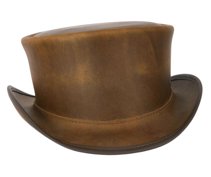 The Marlow Leather Top Hat is handmade in the USA from 100% authentic top-grain cowhide leather. Loved by Harley Davidson, motorcycle and steampunk sub culture enthusiasts, this short crown, coachman style men’s biker top hat is for the man who isn’t afraid to stand out in a crowd. It's available for purchase at our retail shop in Smyrna, TN, just outside of Nashville. We sale these unbanded so you can have a choice of a band or no band. Sizes S to 3X / Brim Measures 2" Crown Measures 4" / Choos Leather Top Hat, American Hat Makers, Wallet Chains, Western Buckles, Western Belt Buckles, Hat Patches, Harley Davidson Motorcycle, Leather Hats, Lady Biker