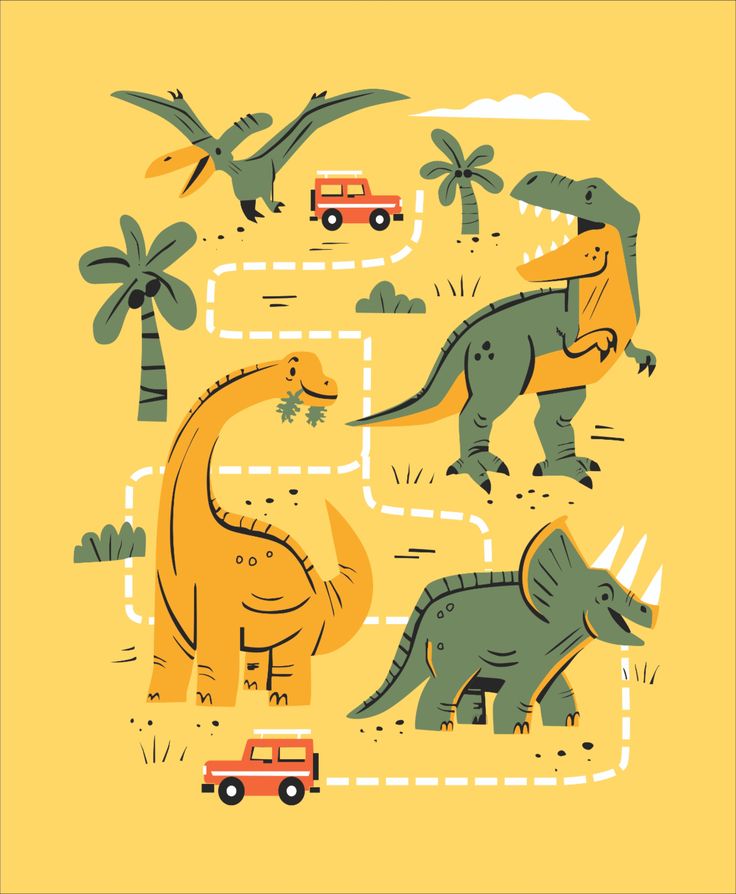 an image of dinosaurs and cars on the road