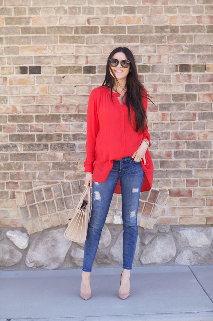 the-fashion-alba:  pink peonies Red Blouse Outfit, Red Shirt Outfits, Red Top Outfit, Date Night Outfits, Red Dress Outfit, Thanksgiving Outfit, Red Outfit, Blouse Outfit, Red Shirt