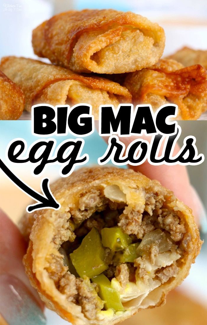 there is a hand holding some food with the words big mac egg rolls on it