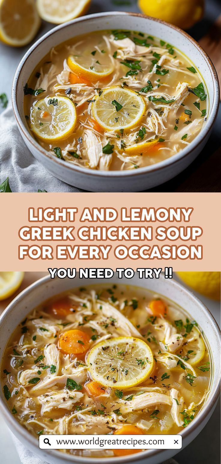 two bowls filled with chicken soup and lemons