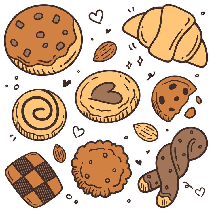 an assortment of cookies and pastries on a white background