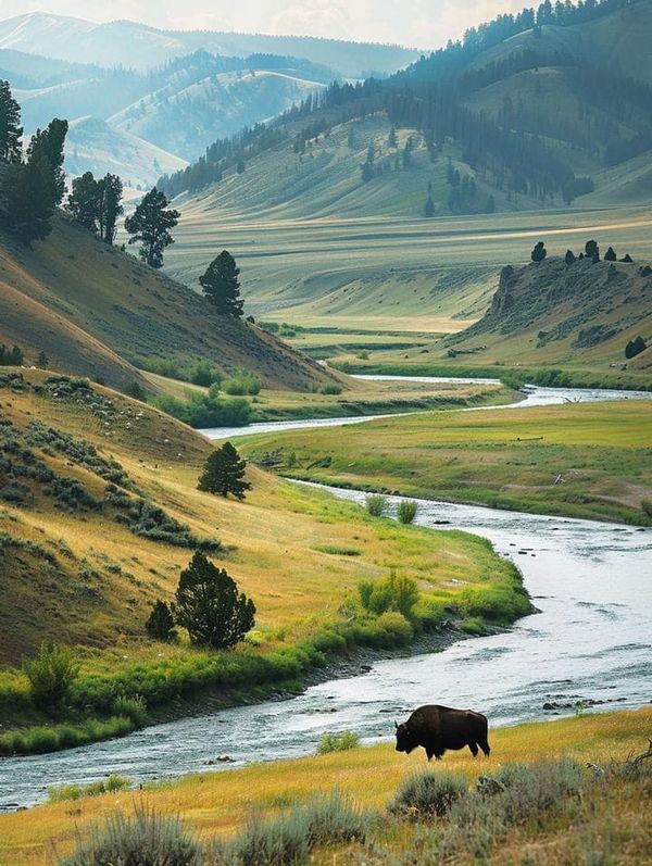 an animal that is standing in the grass near some water and hills with mountains behind it