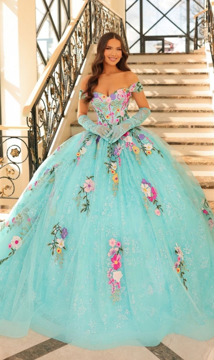 Long off the shoulder a-line tulle quinceañera ball gown with floral embroidery and sweetheart neckline. Mexican Quinceanera Dresses, Quinceñera Dresses, Pregnant Model, Quince Dress, Gown Style, Luxury Fabric, Quinceanera Dress, Princess Dresses, Lace Gloves