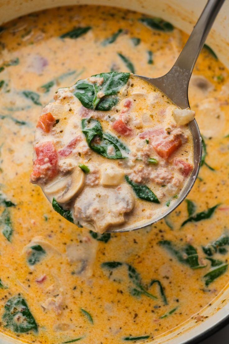 a spoon full of soup with spinach and meat