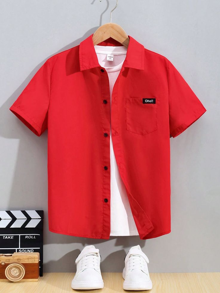 Red  Collar Short Sleeve Woven Fabric   Embellished Non-Stretch  Tween Boys Clothing Casual Red Camp Shirt For Spring, Red Collared Shirt For Summer, Casual Red Shirt With Placket, Casual Red Short Sleeve Shirt For Spring, Casual Collared Shirt With Snap Buttons, Red Shirt With Pockets For Spring, Casual Collared Shirt With Buttons, Casual Red Top With Collar, Red Summer Tops With Pockets