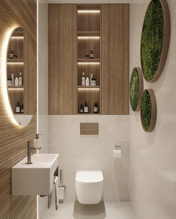 a white toilet sitting in a bathroom next to a wall mounted sink and wooden shelves