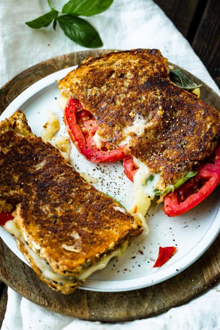 two grilled sandwiches on a white plate with tomatoes and basil sprinkled on top