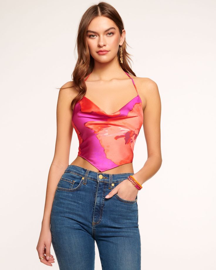 Karo Cowl Neck Halter Top Spring Triangle Halter Top For Night Out, Spring Triangle Top Halter For Night Out, Triangle Halter Top For Night Out, Chic Fitted Floral Halter Top, Chic Triangle Halter Top For Spring, Chic Triangle Top Halter For Spring, Summer Triangle Top Crop For Night Out, Triangle Top Crop Top For Night Out In Summer, Triangle Crop Top For Summer Night Out