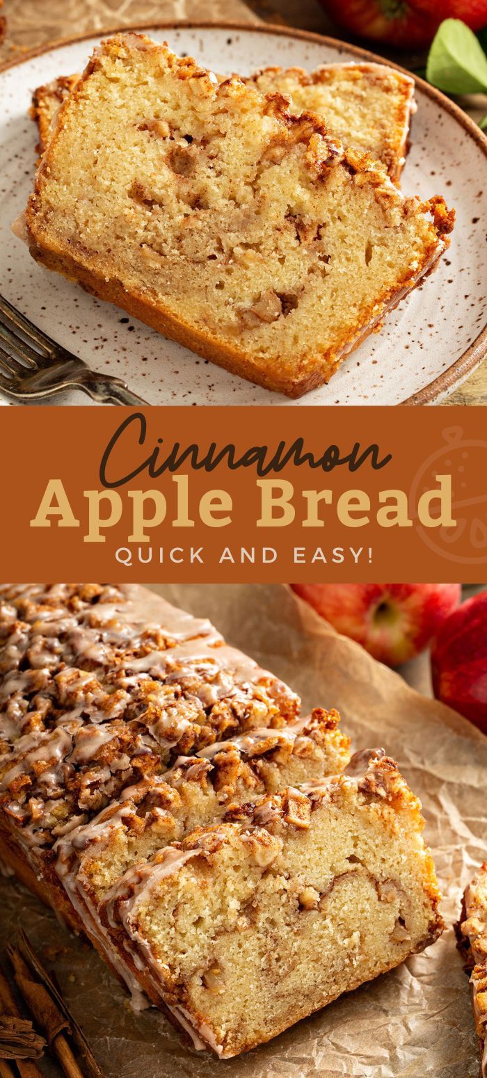 cinnamon apple bread on a white plate with apples in the background and text overlay that reads, cinnamon apple bread quick and easy