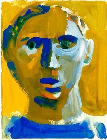 an abstract painting of a woman's face with blue and yellow paint on it