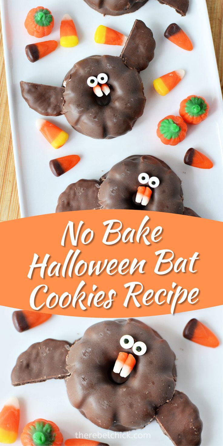 no bake halloween bat cookies recipe on a white platter with candy candies